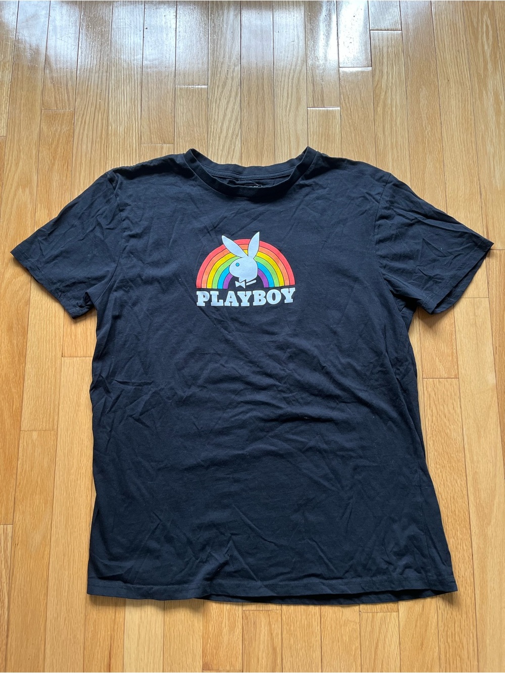 PLAYBOY Black Short-Sleeve Tee with Rainbow Bunny Logo